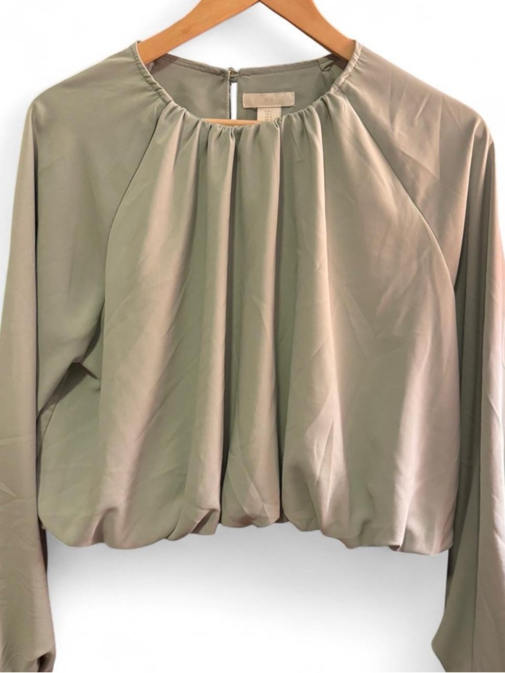 H&M Sage Green Pleated Blouson Top with Gathered Neckline